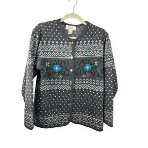 Tally Ho VTG Cardigan Sweater Acrylic Nordic Floral Button Up Sz M Womens